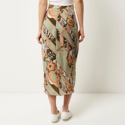 Grey floral print wrap midi skirt